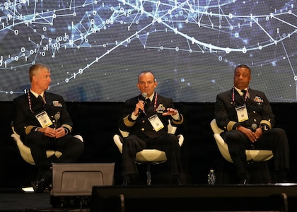 SAN ANTONIO – (March 17, 2026) – U.S. Navy Capt. Delbert Clark (center), Medical Corps, command surgeon, 3rd Marine Division, served as a panelist on a continuing education panel titled, “Overcoming the Unique Medical Challenges across the Indo-Pacific Theater during the 2026 Annual Operational Medicine Symposium (OpMed) & Technology Showcase held at the Henry B. Gonzales Convention Center.  Other panelists included Capt. Niels Olson, Medical Corps, chief medical officer, Human Systems Portfolio, Defense Innovation Unit; Capt. Richard Gilliard Jr., Medical Service Corps, commanding officer, U.S. Naval Hospital Okinawa, Japan; U.S. Army Maj. Gen. Darrin Cox, commanding general, 18th Theater Medical Command; and Dr. Darrin Frye, chief science director, Naval Medical Research Unit San Antonio. Dr. Michael McGinnis, executive director of the U.S. Navy Bureau of Medicine and Surgery, and director of the Navy Medicine Civilian Corps served as the panel’s moderator. OpMed is one of the largest and most influential military medical events in North America for senior medical officials, clinicians, government leaders, and solution providers. The symposium explores how the Military Health System is preparing for large scale combat operations by championing innovations in combat casualty care to strengthen warfighter survivability and enhance the medical readiness of the joint force. Navy Medicine is committed to expanding partnerships in the medical field and the importance of sharing best practices, advancing medical capabilities, research and training opportunities. (U.S. Navy photo by Burrell Parmer, NAMRU San Antonio Public Affairs/Released)