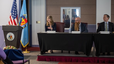 Ms. Laura Gross, DTRA’s Director of Global Threat Directorate, Mr. Ian Watson, Deputy Assistant Secretary of War for Chemical, Biological, Radiological, and Nuclear Defense (DASW/CBRND) and Dr. Greg Koblentz Director of the Biodefense Graduate Program at George Mason University's Schar School of Policy and Government.