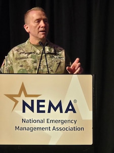 National Guard Bureau Vice Chief Gen. Thomas Carden speaks to the National Emergency Management Association Mid-Winter Forum about nation state threats and role of emergency management March 13, 2026.