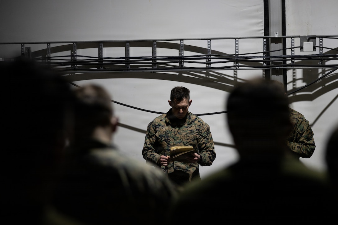 U.S. Marine Corps 2nd Lt. Jacob Lerch, a platoon commander with 4th Law Enforcement Battalion, Force Headquarters Group, briefs a terrain model to Marines in Elvegardsmoen, Norway, March 2, 2026. The brief helped familiarize the Marines with the Norwegian terrain during exercise Cold Responses 26. A key component of NATO's enhanced vigilance activity Arctic Sentry, exercise Cold Response 26 is a Norwegian-led winter military exercise designed to enhance collective defense capabilities and ensure U.S. readiness to rapidly deploy and seamlessly operate alongside NATO Allies in challenging arctic conditions. Lerch is a native of Washington. (U.S. Marine Corps photo by Sgt. Emily De La Torre)