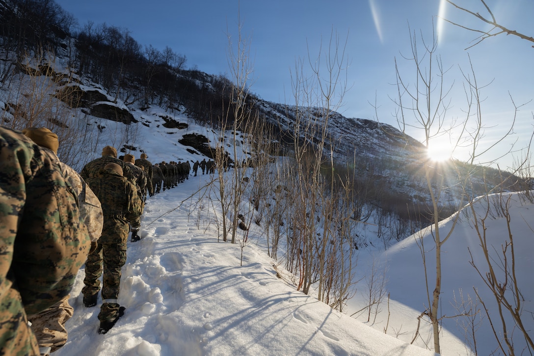 U.S. Marines with 4th Law Enforcement Battalion, Force Headquarters Group hike up a mountain in Elvegardsmoen, Norway, March 2, 2026. The hike helped familiarize the Marines with the Norwegian terrain during exercise Cold Responses 26.  A key component of NATO's enhanced vigilance activity Arctic Sentry, exercise Cold Response 26 is a Norwegian-led winter military exercise designed to enhance collective defense capabilities and ensure U.S. readiness to rapidly deploy and seamlessly operate alongside NATO Allies in challenging arctic conditions. (U.S. Marine Corps photo by Sgt. Emily De La Torre)