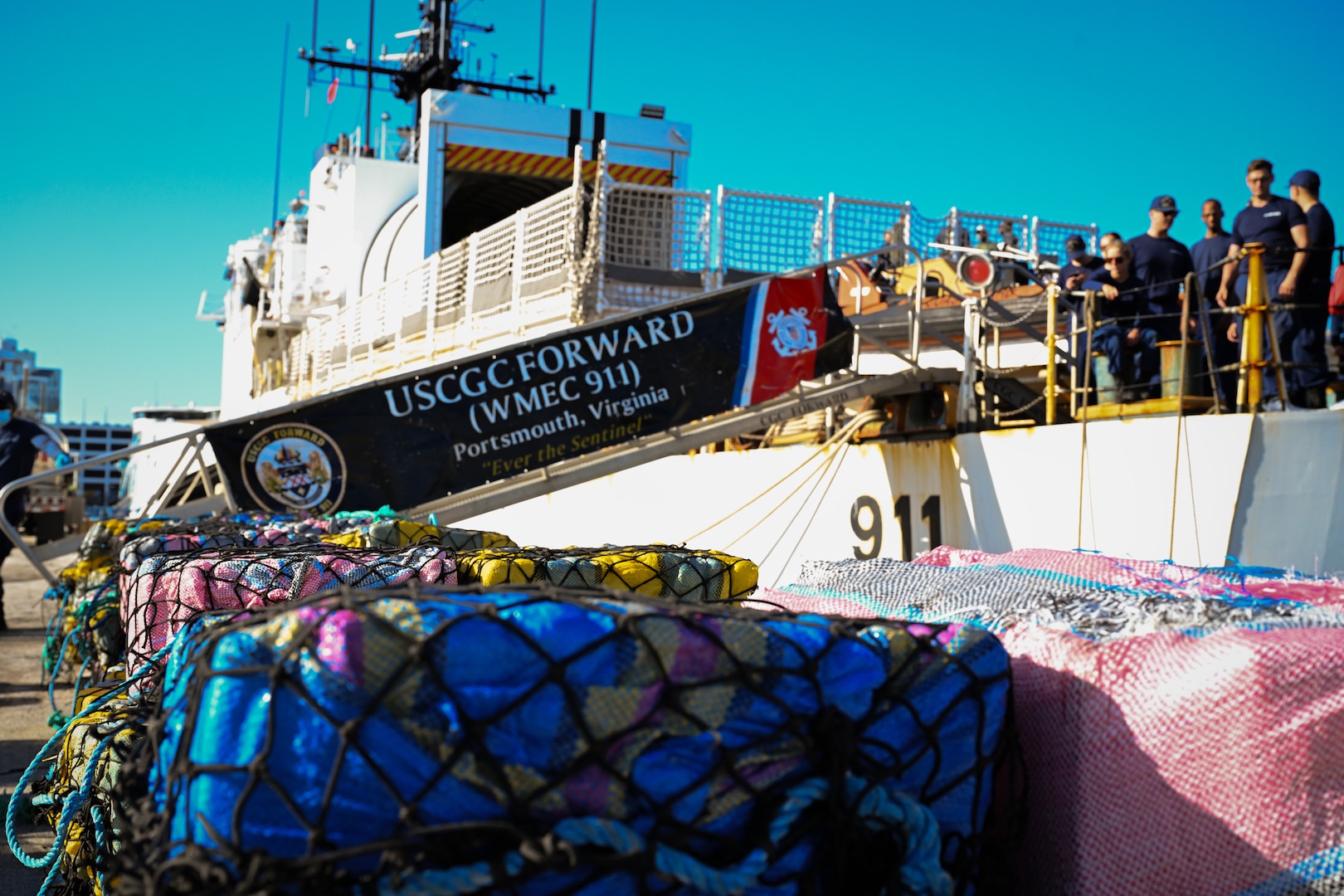USCGC Foward’s (WMEC-911) crew offload illicit drugs valued at more than $49.3 million at Port Everglades, Florida March 19, 2026. This offload was a result of two interdictions in the international waters of the Eastern Pacific Ocean by the crews of USCGC Spencer (WMEC-905) and Forward interdicting approximately 6,750 pounds of cocaine. (U.S. Coast Guard photo by Seaman Christopher Moret)