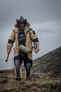 U.S. Navy explosive ordnance disposal technicians, assigned to EOD Mobile Unit 8, conduct an improvised explosive device drill while training alongside forces from 17 Allied nations during Northern Challenge 25. The annual exercise, hosted by the Icelandic Coast Guard, sharpens warfighting readiness and strengthens multinational interoperability in complex explosive ordnance disposal operations to ensure U.S. forces and Allies remain ready to fight and win together.