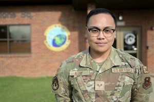 U.S. Air Force Senior Airman David Alday, 14th Communications Squadron noncommissioned officer in charge of Client Systems Technician, poses for a photo at Columbus Air Force Base, Mississippi, March 11, 2026.