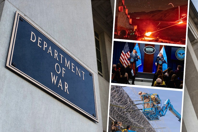 In a graphic, three photographs are stacked next to the Department of War sign on a building.