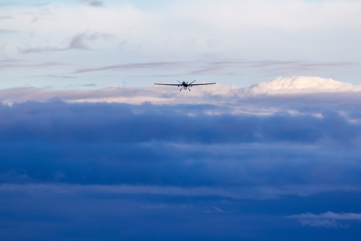 A U.S. Air National Guard MQ-9 Reaper unmanned aircraft system with the 214th Attack Group flies from Fort Huachuca to Davis-Monthan Air Force Base, Ariz., Mar. 10, 2026. The 214 ATKG flies daily combat missions, providing troops on the ground with around the clock intelligence, surveillance, reconnaissance and precision attack and local domestic Incident Assessment and Awareness flights over the United States in support of national and state objectives. (U.S. Air National Guard photo by Tech. Sgt. Stephen Luke)