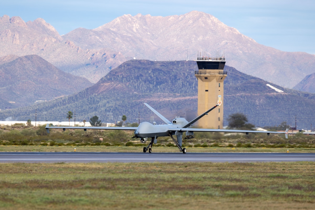 A U.S. Air National Guard MQ-9 Reaper unmanned aircraft system with the 214th Attack Group, taxia down a runway prior to takeoff at Davis-Monthan Air Force Base, Ariz., Mar. 10, 2026. The 214th has flown more than 5,000 sorties and provided more than 93,000 flying hours of combat mission support of contingency operations, providing overhead full-motion video to U.S. intelligence agencies and close air support to troops in contact. (U.S. Air National Guard photo by Tech. Sgt. Stephen Luke)