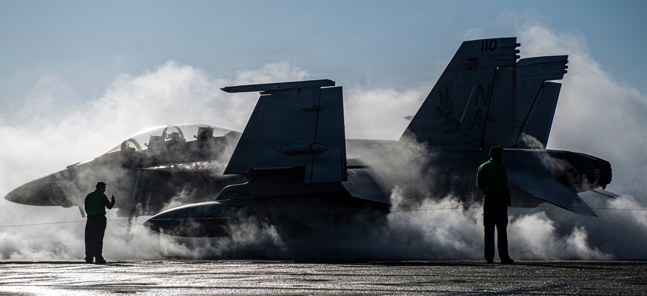 U.S. Sailors test launch a catapult on the flight deck of Nimitz-class aircraft carrier USS Nimitz (CVN 68) in the Pacific Ocean, March 18, 2025. Nimitz is currently underway in the U.S. 3rd Fleet area of operations as part of a scheduled homeport shift to Norfolk, Virginia. (U.S. Navy photo by Mass Communication Specialist 2nd Class Timothy Meyer)