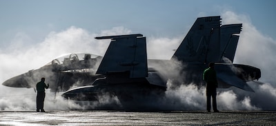 U.S. Sailors test launch a catapult on the flight deck of Nimitz-class aircraft carrier USS Nimitz (CVN 68) in the Pacific Ocean, March 18, 2025. Nimitz is currently underway in the U.S. 3rd Fleet area of operations as part of a scheduled homeport shift to Norfolk, Virginia. (U.S. Navy photo by Mass Communication Specialist 2nd Class Timothy Meyer)