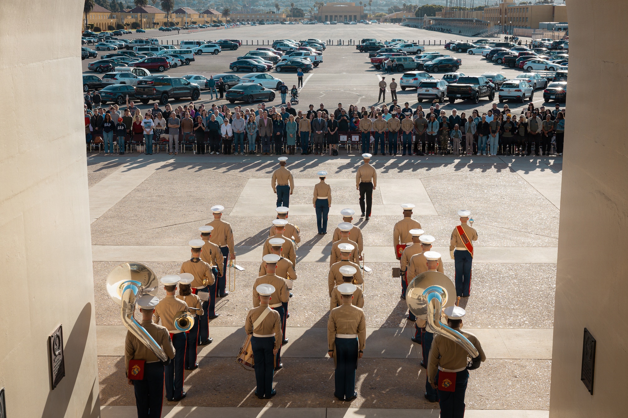 U.S. Marines with Marine Band San Diego, Marine Corps Recruit Depot San Diego and the Western Recruiting Region stand in formation during a morning colors ceremony at MCRD San Diego, California, March 6, 2026. The Honorable Benjamin C. Kohlmann, Assistant Secretary of the Navy for Manpower and Reserve Affairs attended morning colors and recruit graduation for India Company, 3rd Recruit Training Battalion as the parade reviewing officer. (U.S. Marine Corps photo by Sgt. Alexandra M. Earl)