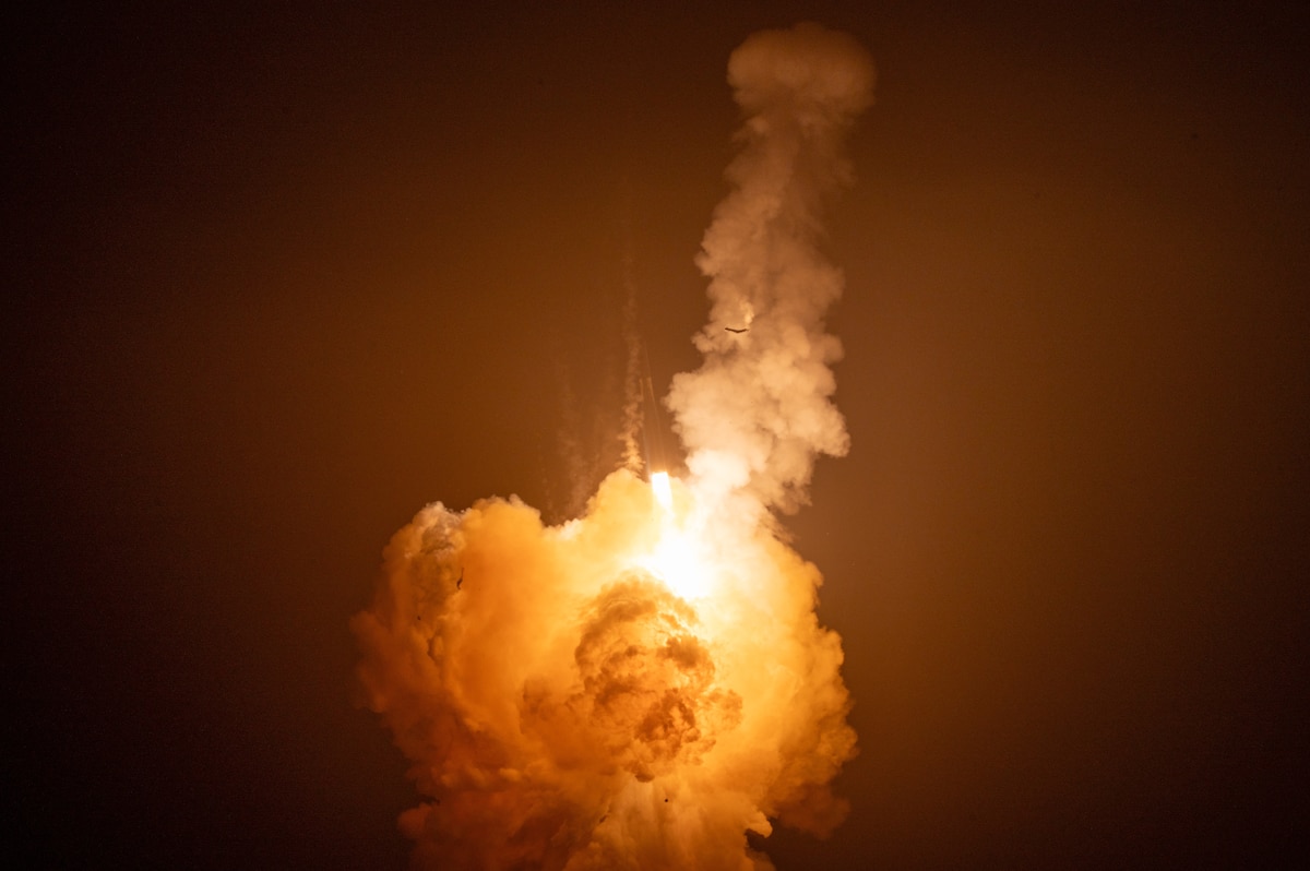 An unarmed Minuteman III intercontinental ballistic missile launches during an operational test at Vandenberg Space Force Base, Calif., March 3, 2026. Routine ICBM test launches help ensure the U.S. nuclear deterrent remains safe, secure and effective. (U.S. Space Force photo by Staff Sgt. Joshua LeRoi)