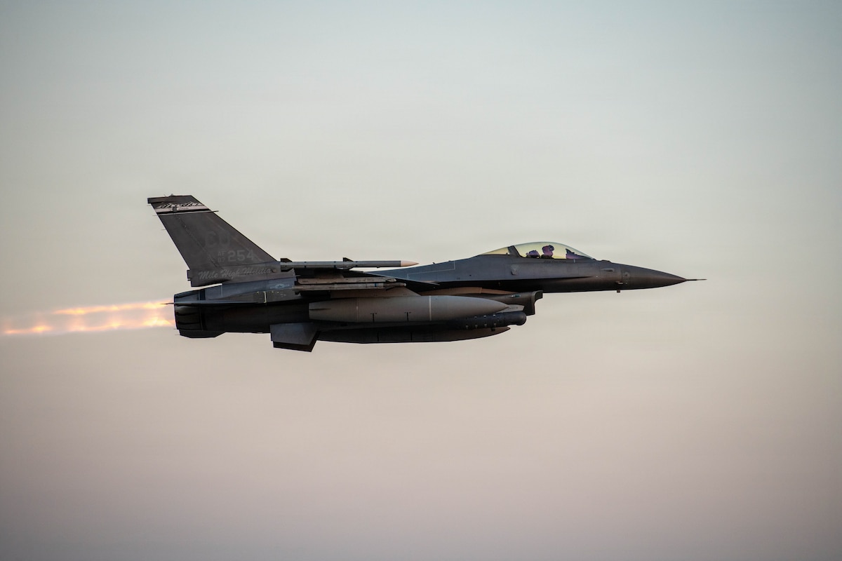 A U.S. Air Force F-16C Fighting Falcon assigned to the 120th Expeditionary Fighter Squadron takes off during exercise Beverly Midnight 26 at Kadena Air Base, Japan, March 10, 2026. The USAF-led exercise strengthens interoperability through agile, integrated generation of airpower, demonstrating U.S. and allied resilience and survivability in contested environments. (U.S. Air Force photo by Airman 1st Class Amy Kelley)