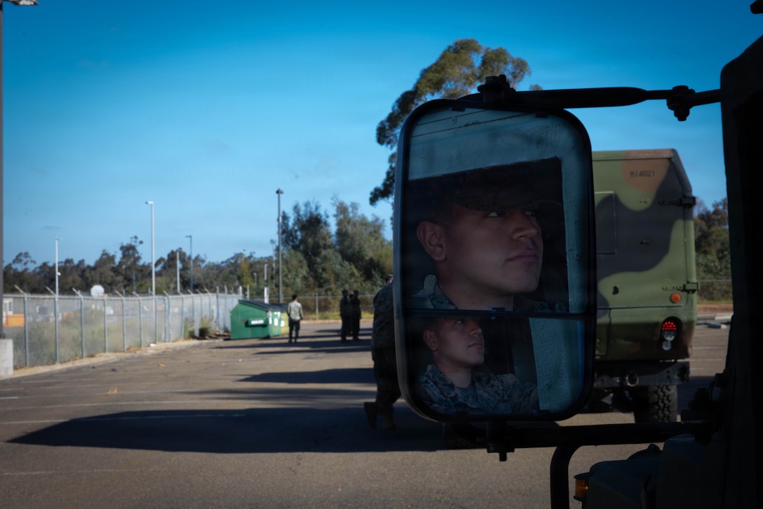 U.S. Marine Corps Cpl. Justin RodriguezSalazar, a motor vehicle operator with 4th Medical Battalion, 4th Marine Logistics Group, Marine Forces Reserve, sits in a vehicle during a Reserve Mobilization Exercise, San Diego, California, March 3, 2026. The week-long exercise validates the battalion’s ability to rapidly activate personnel and equipment, ensuring the unit can deliver ready forces in response to a national crisis. (U.S. Marine Corps photo by Lance Cpl. Claire Cheney)