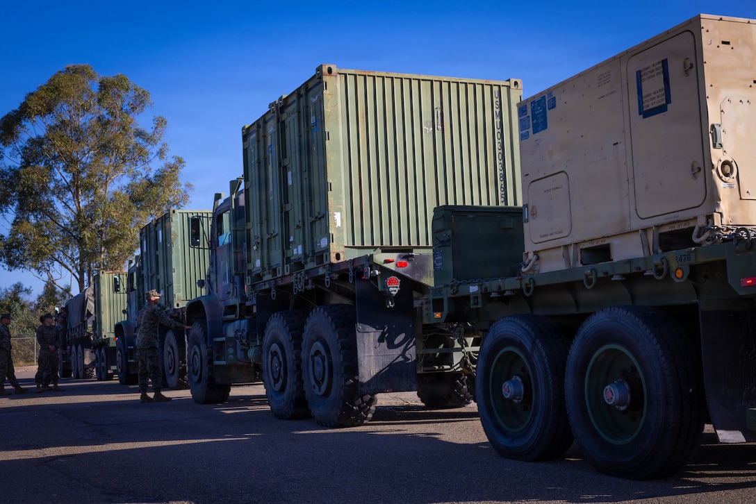 U.S. Marines with 4th Medical Battalion, 4th Marine Logistics Group, Marine Forces Reserve, verifies a load on a Medium Tactical Vehicle Replacement during a Reserve Mobilization Exercise, San Diego, California, March 3, 2026. The week-long exercise validates the battalion’s ability to rapidly activate personnel and equipment, ensuring the unit can deliver ready forces in response to a national crisis. (U.S. Marine Corps photo by Lance Cpl. Claire Cheney)