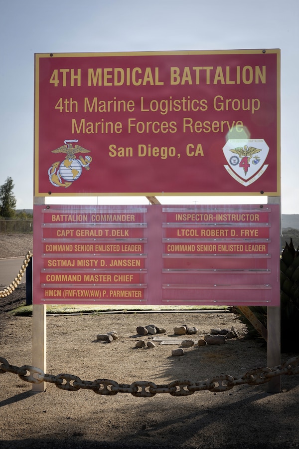 A sign illustrates the 4th Medical Battalion, 4th Marine Logistics Group, Marine Forces Reserve, leadership during a Reserve Mobilization Exercise, San Diego, California, March 3, 2026. The week-long exercise validates the battalion’s ability to rapidly activate personnel and equipment, ensuring the unit can deliver ready forces in response to a national crisis. (U.S. Marine Corps photo by Lance Cpl. Claire Cheney)