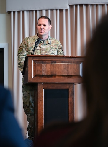 Brig. Gen. Jason Voorheis, Department of the Air Force Portfolio Acquisition Executive for Command, Control, Communications and Battle Management, speaks during his assumption of leadership ceremony, here, March 18, 2026. The PAE integrates the C3BM materiel enterprise within the department, aligning technical architecture and acquisition authorities to streamline the delivery of decision advantage capabilities via the DAF BATTLE NETWORK.