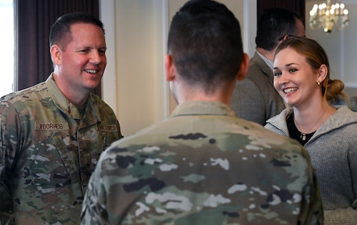 Brig. Gen. Jason Voorheis, Department of the Air Force Portfolio Acquisition Executive for Command, Control, Communications and Battle Management, speaks with Airmen during the assumption of leadership reception, March 18, 2026. Voorheis officially assumed leadership of DAF PAE C3BM on Feb. 2, 2026. The assumption of leadership ceremony is a long-standing military tradition that represents the transfer of authority and responsibility from one leader to another.
