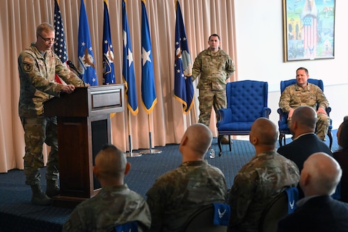 Lt. Gen. Luke Cropsey, military deputy for the Office of the Assistant Secretary of the Air Force for Acquisition, Technology and Logistics, presides over the assumption of leadership ceremony here, March 18, 2026. Brig. Gen. Jason Voorheis officially assumed leadership of the Department of the Air Force Portfolio Acquisition Executive for Command, Control, Communications and Battle Management on Feb. 2, 2026. The PAE integrates the C3BM materiel enterprise within the department, aligning technical architecture and acquisition authorities to streamline the delivery of decision advantage capabilities via the DAF BATTLE NETWORK.