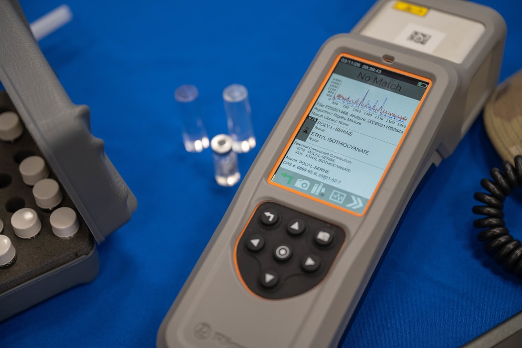 A RES-Q is displayed during a career fair at Altus High School, Altus, Oklahoma, March 11, 2026. The 97th Civil Engineer Squadron emergency management team brought the RES-Q to show students how the device can receive liquid and solid samples to provide information about the chemical compound. (U.S. Air Force photo by Airman 1st Class Emma Wright)
