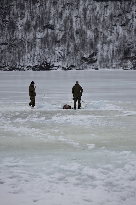 U.S. Marine Corps Staff Sgt. Shantell Gonzalez-Frazier, a military police officer with 4th Law Enforcement Battalion, Force Headquarters Group, participates in cold-weather survival training in Elvegardsmoen, Norway, March 10, 2026. The cold plunge is a part of the cold-weather training conducted by NATO partners and allies in preparation for exercise Cold Response 26. A key component of NATO's enhanced vigilance activity Arctic Sentry, exercise Cold Response 26 is a Norwegian-led winter military exercise designed to enhance collective defense capabilities and ensure U.S. readiness to rapidly deploy and seamlessly operate alongside NATO Allies in challenging arctic conditions. Gonzalez-Frazier is a native of New Mexico. (U.S. Marine Corps photo by Sgt. Emily De La Torre)