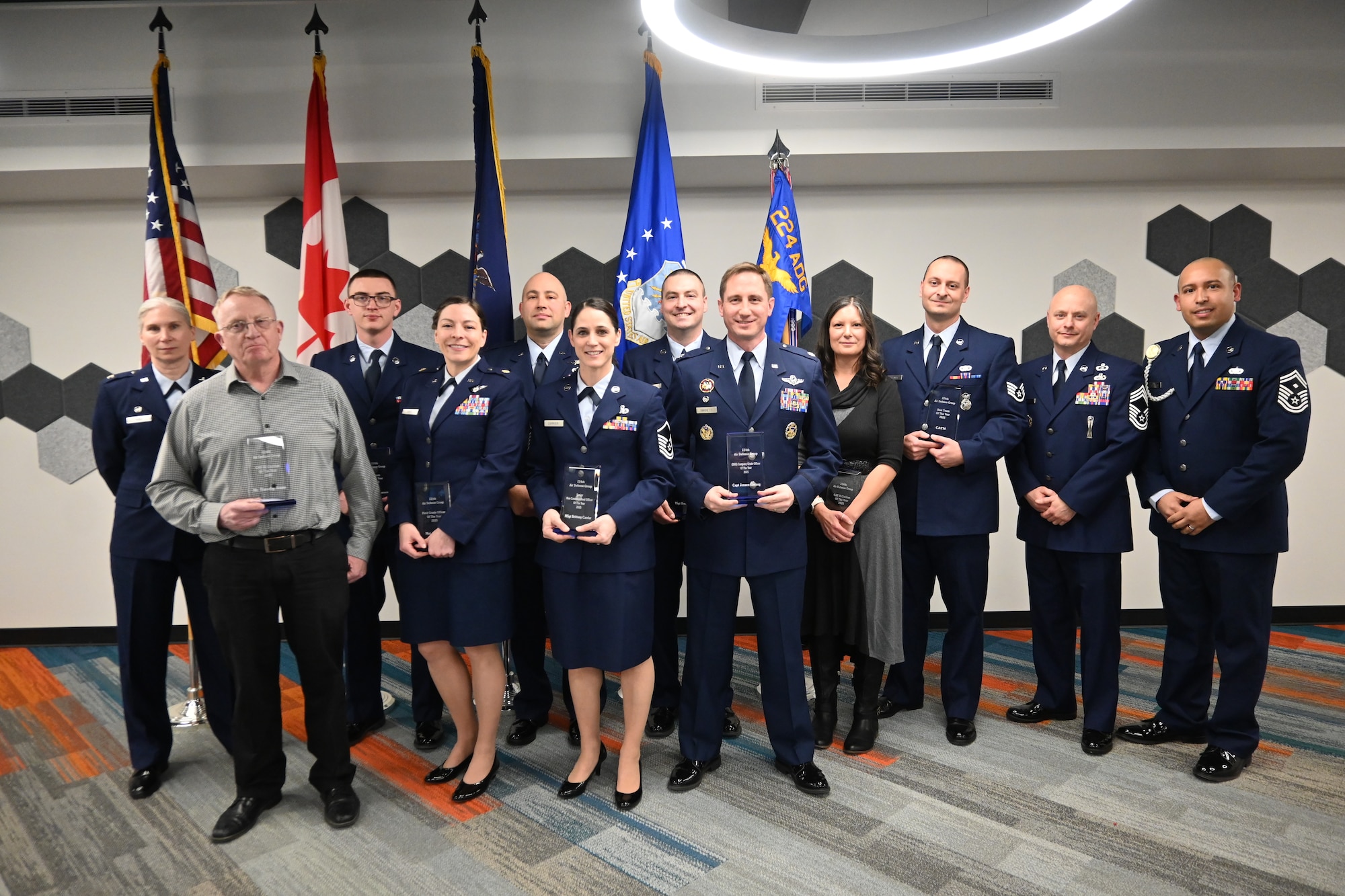 The 224th Air Defense Group winners pose for a photo at the annual award ceremony held at the Griffiss Institute Auditorium in Rome, New York on March 5, 2026. The annual award ceremony provided an opportunity for squadrons and groups to recognize the outstanding achievements from their members.