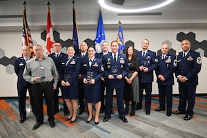 The 224th Air Defense Group winners pose for a photo at the annual award ceremony held at the Griffiss Institute Auditorium in Rome, New York on March 5, 2026. The annual award ceremony provided an opportunity for squadrons and groups to recognize the outstanding achievements from their members.