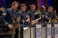 The U.S. Air Force Band’s Airmen of Note saxophone section performs during a Jazz Heritage Series concert in Alexandria, Va., March 12, 2026. The Airmen of Note established the Jazz Heritage Series in 1990, and the ensemble is made up of 17 active duty musicians and one vocalist stationed at Joint Base Anacostia-Bolling, Washington, D.C. (U.S. Air Force photo by Hayden Hallman)