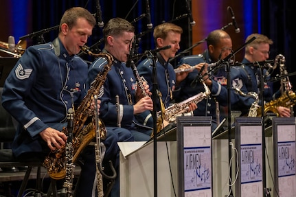 The U.S. Air Force Band’s Airmen of Note saxophone section performs during a Jazz Heritage Series concert in Alexandria, Va., March 12, 2026. The Airmen of Note established the Jazz Heritage Series in 1990, and the ensemble is made up of 17 active duty musicians and one vocalist stationed at Joint Base Anacostia-Bolling, Washington, D.C. (U.S. Air Force photo by Hayden Hallman)