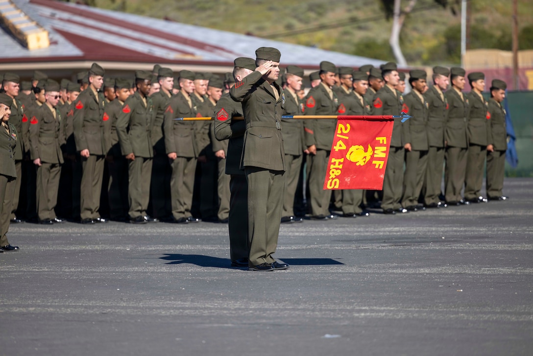 U.S. Marines assigned to 2nd Battalion, 4th Marine Regiment, 1st Marine Division, stand in formation during the Battalion Landing Team 2/4 composite ceremony at Marine Corps Base Camp Pendleton, California, March 12, 2026. The ceremony was held to recognize the battalion’s transition to a battalion landing team and subsequent composite under the 13th Marine Expeditionary Unit, I Marine Expeditionary Force. (U.S. Marine Corps photo by Cpl. Mary R. Jenni)