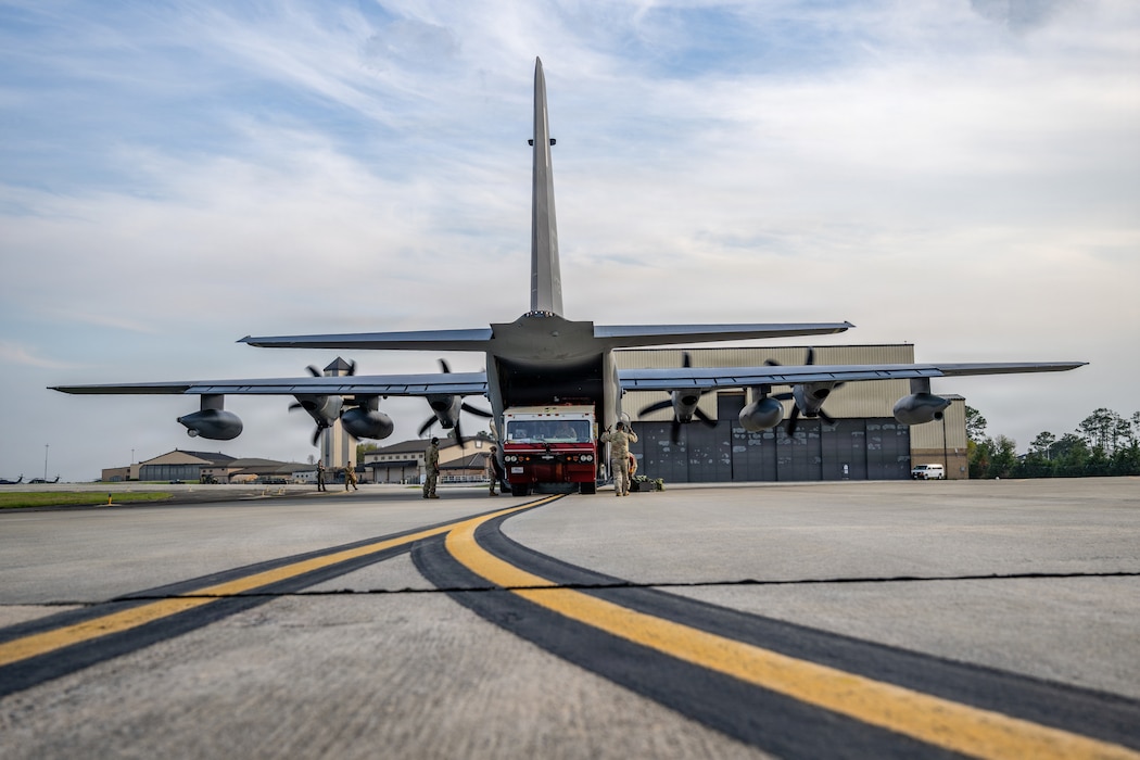 The aircraft delivered a loaner P-19 crash fire truck to sustain the installation’s fire response capability during an extended maintenance period of the fire department vehicle fleet.