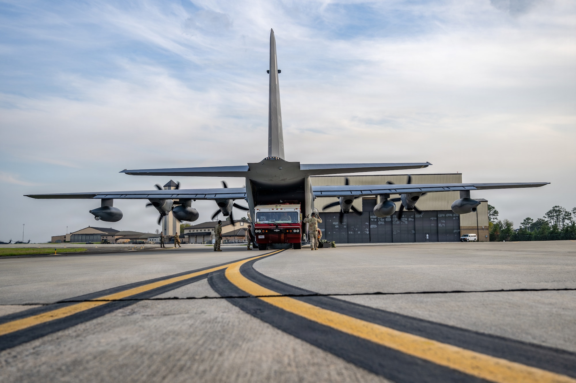 The aircraft delivered a loaner P-19 crash fire truck to sustain the installation’s fire response capability during an extended maintenance period of the fire department vehicle fleet.