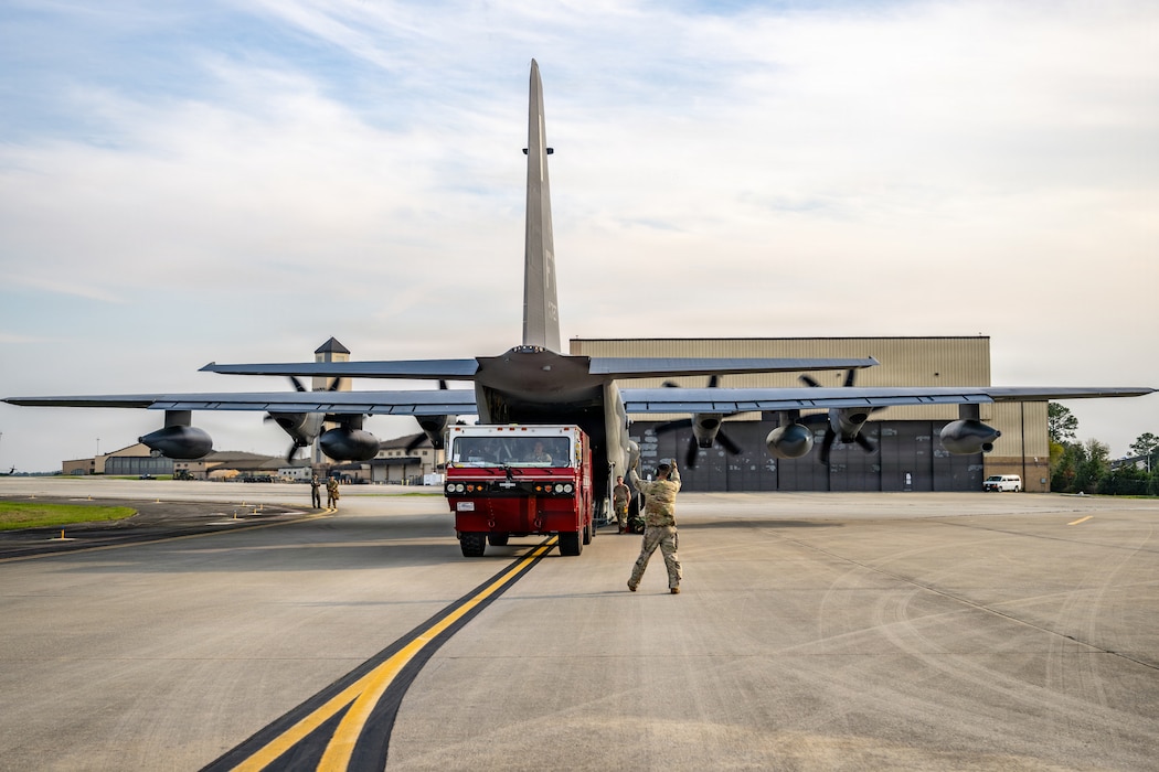 The aircraft delivered a loaner P-19 crash fire truck to sustain the installation’s fire response capability during an extended maintenance period of the fire department vehicle fleet.
