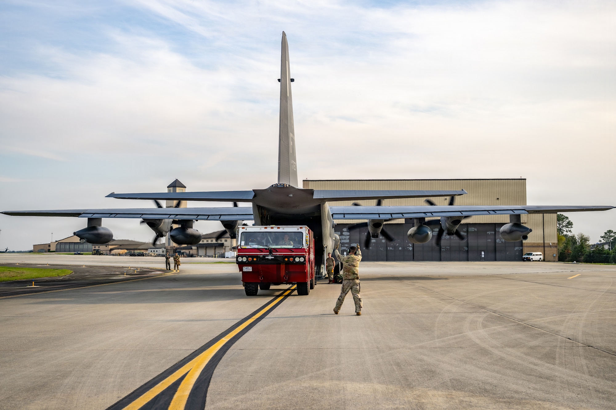 The aircraft delivered a loaner P-19 crash fire truck to sustain the installation’s fire response capability during an extended maintenance period of the fire department vehicle fleet.
