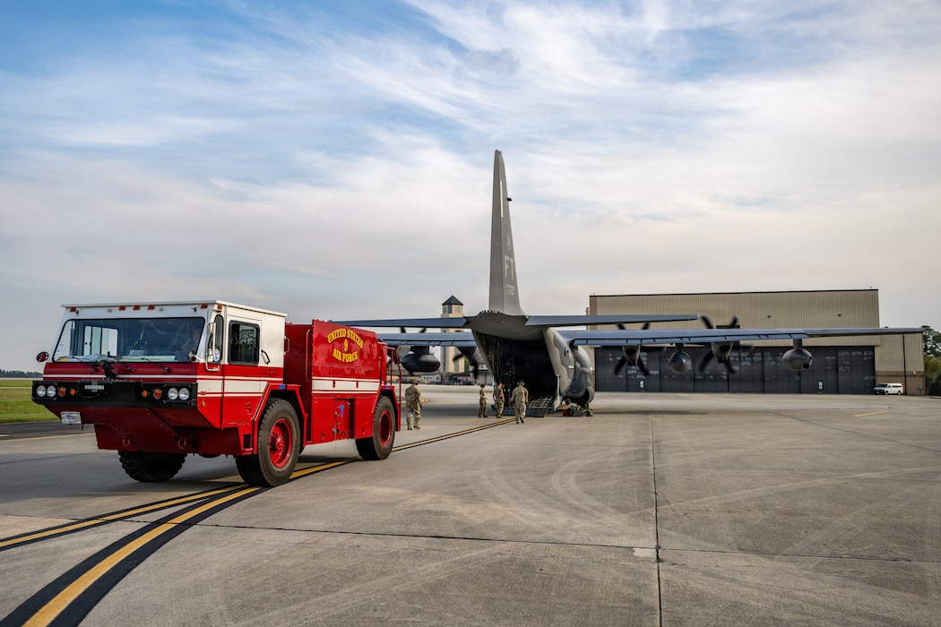 The aircraft delivered a loaner P-19 crash fire truck to sustain the installation’s fire response capability during an extended maintenance period of the fire department vehicle fleet.