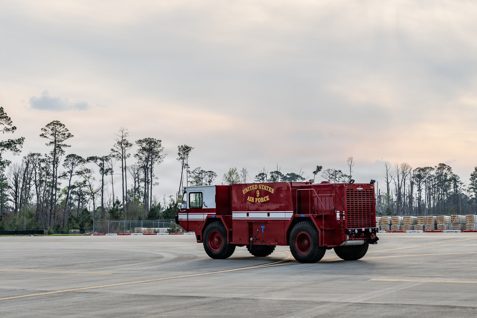 The aircraft delivered a loaner P-19 crash fire truck to sustain the installation’s fire response capability during an extended maintenance period of the fire department vehicle fleet.