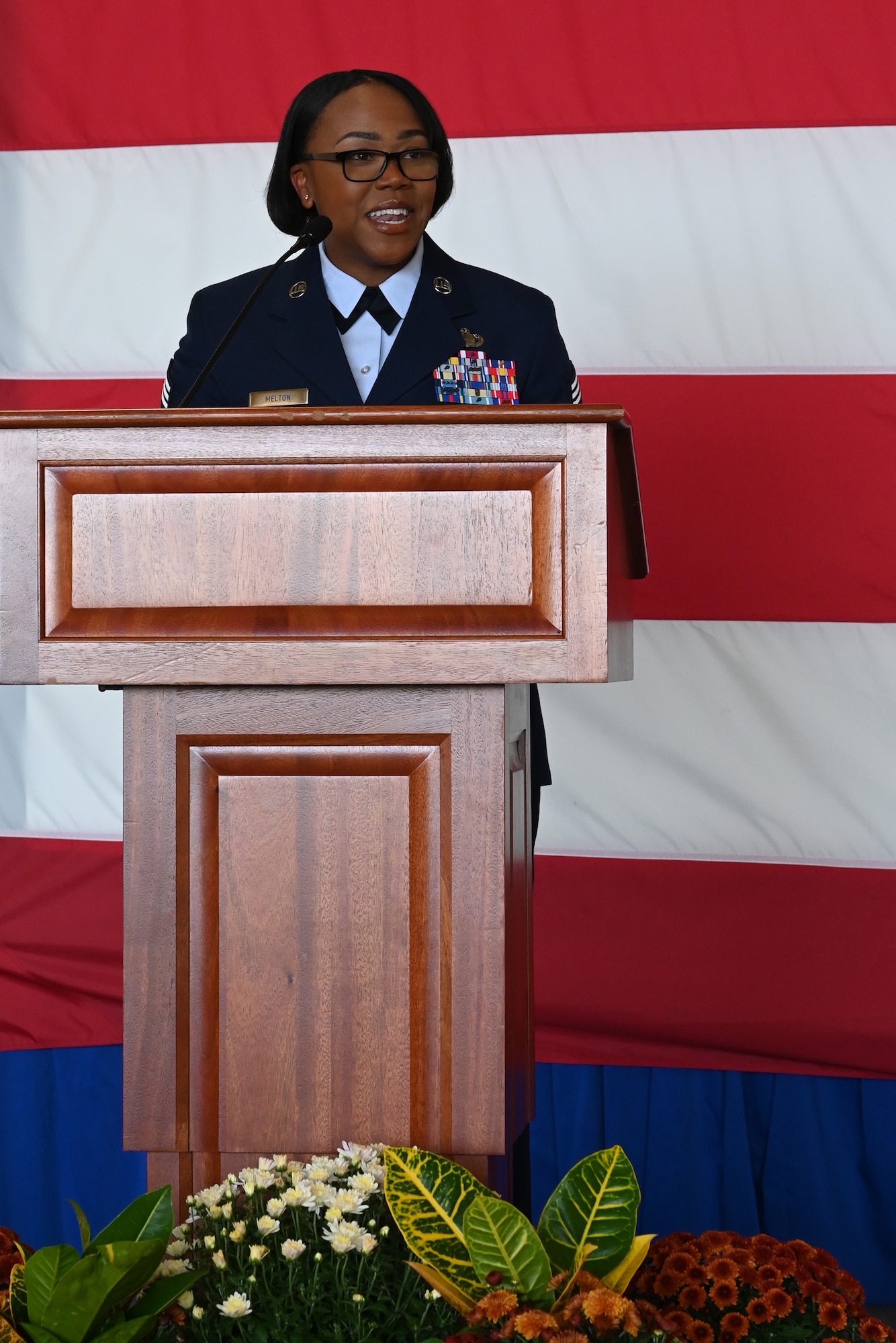 U.S. Air Force Command Chief Master Sgt. Jacquita Melton addresses the audience during a Change of Authority ceremony Sept. 26, 2025 at the Springfield-Beckley Air National Guard base in Springfield, Ohio. The ceremony signified the transfer of authority and responsibility from one command chief to the next. (U.S. Air National Guard photo by Shane Hughes)