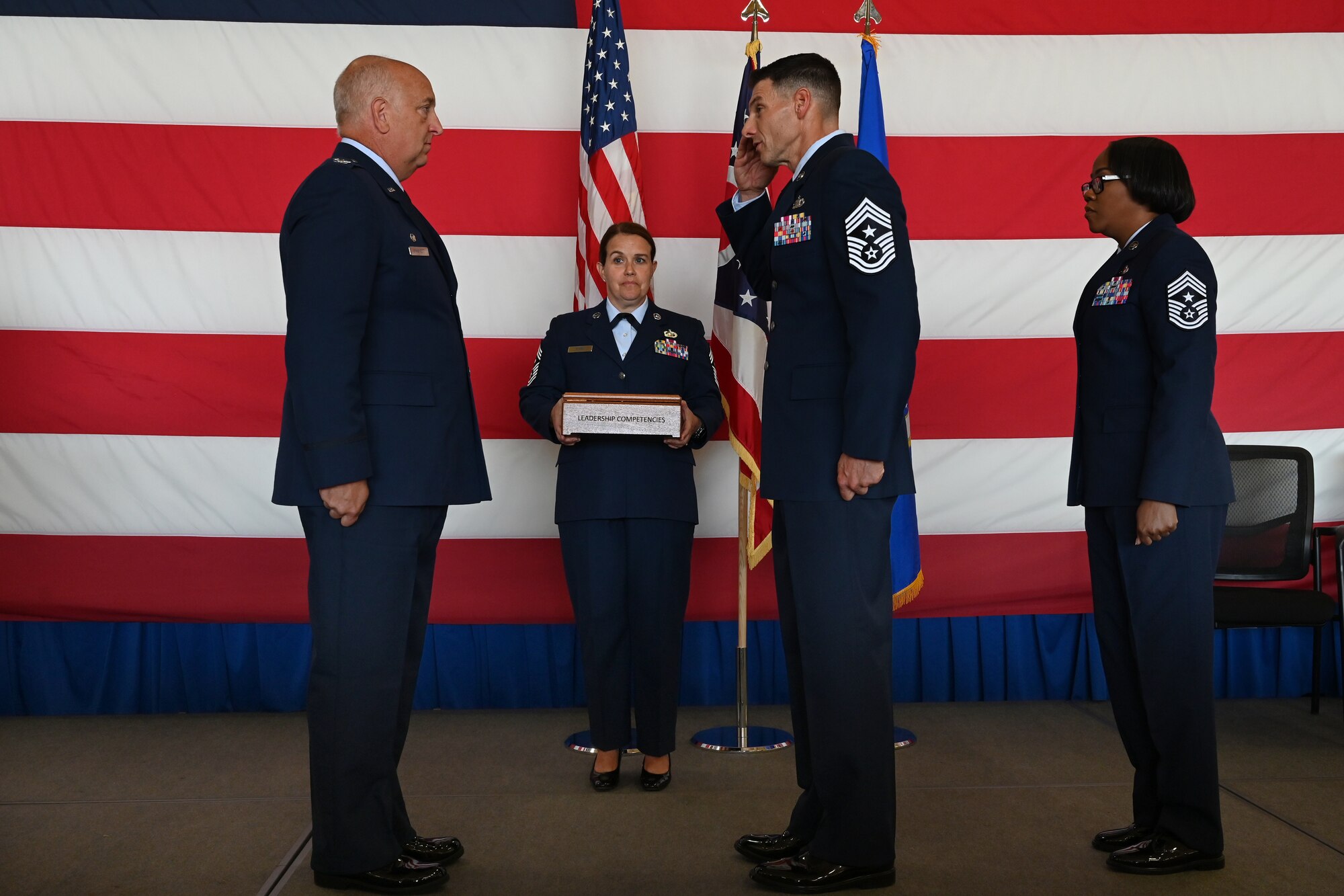 U.S. Air Force Command Chief Master Sgt. Charles Hansel salutes Col. Donald Braskett, commander of the 178th Wing, during a Change of Authority ceremony Sept. 26, 2025 at the Springfield-Beckley Air National Guard base in Springfield, Ohio. The ceremony signified the transfer of authority and responsibility from one command chief to the next. (U.S. Air National Guard photo by Shane Hughes)