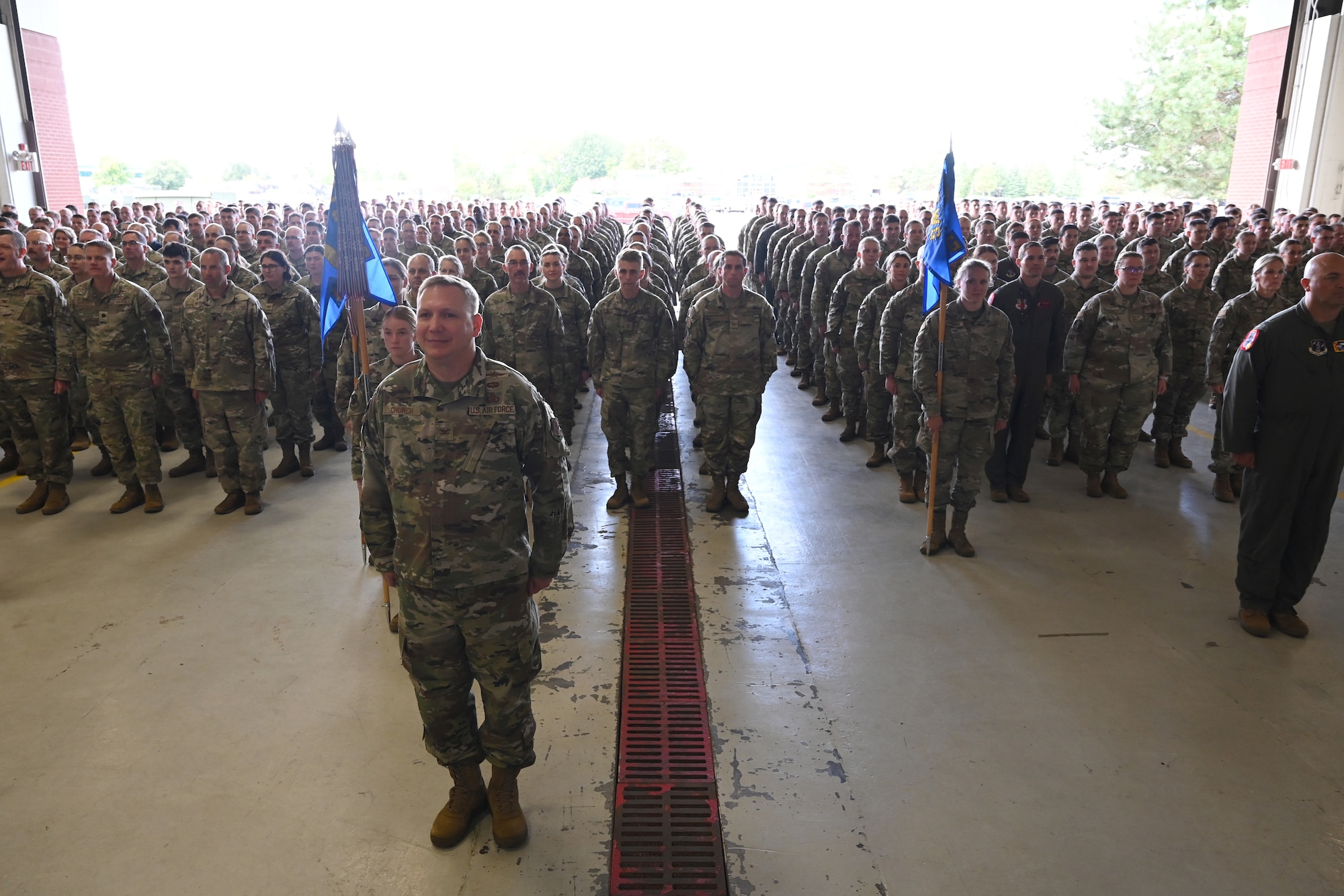 U.S. Air Force Col. Nathaniel Church, deputy commander of the 178th Wing, commands the wing formation Sept. 26, 2025 during a Change of Authority ceremony at the Springfield-Beckley Air National Guard Base in Springfield, Ohio.  The ceremony signified the transfer of authority and responsibility from one command chief to the next. (U.S. Air National Guard photo by Shane Hughes)