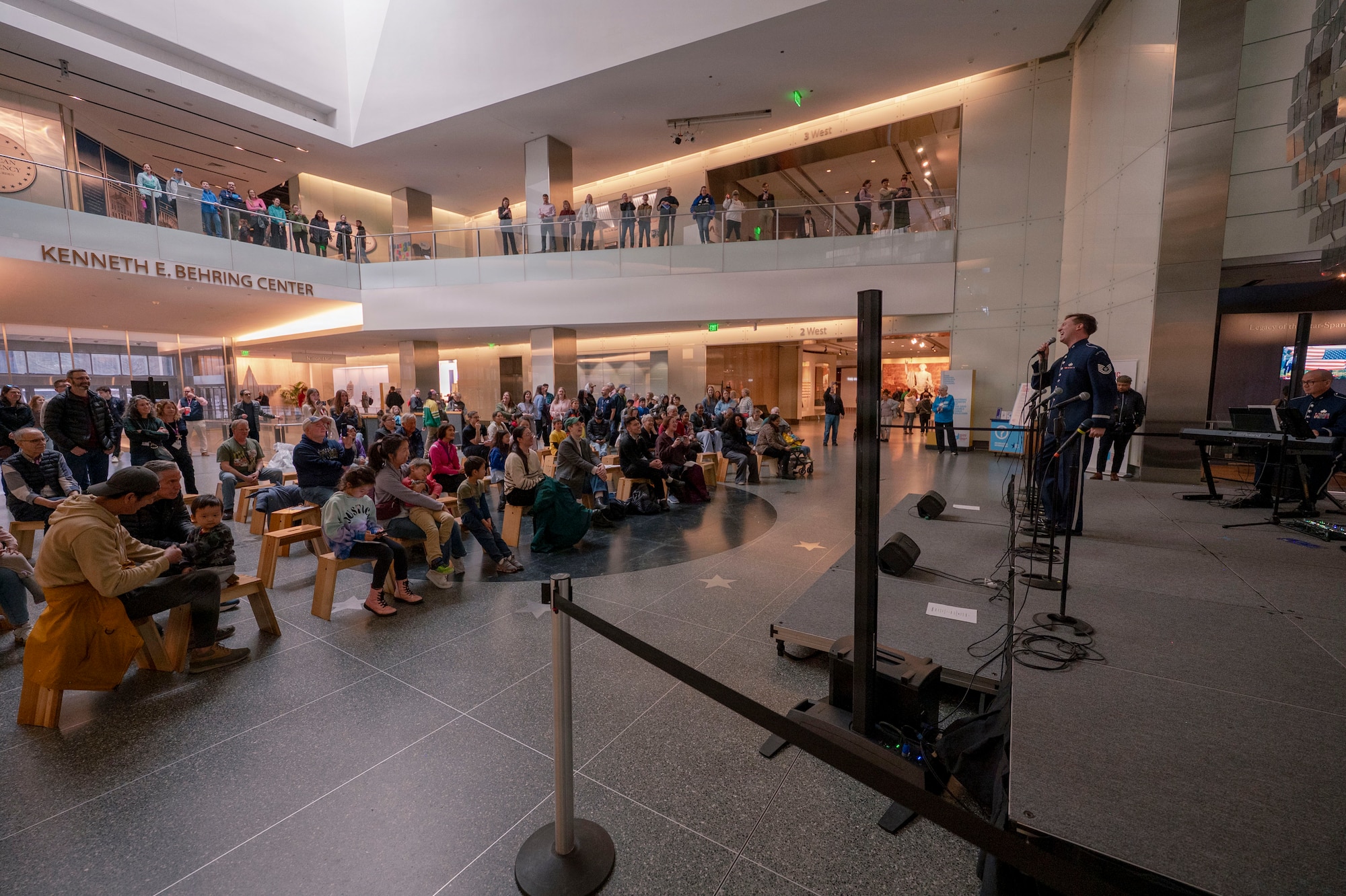 U.S. Air Force Tech. Sgt. Adam von Almen, a vocalist with The U.S. Air Force Band’s Singing Sergeants, sings with the audience at the Smithsonian National Museum of American History in Washington, D.C., March 12, 2026. The Band partnered with the Smithsonian Institution to perform in the “Music from the Hearts of America” series on Thursdays and Saturdays as part of the 250th birthday celebration of the United States. (U.S. Air Force photo by Staff Sgt. Jordan Powell)