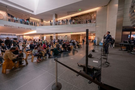 U.S. Air Force Tech. Sgt. Adam von Almen, a vocalist with The U.S. Air Force Band’s Singing Sergeants, sings with the audience at the Smithsonian National Museum of American History in Washington, D.C., March 12, 2026. The Band partnered with the Smithsonian Institution to perform in the “Music from the Hearts of America” series on Thursdays and Saturdays as part of the 250th birthday celebration of the United States. (U.S. Air Force photo by Staff Sgt. Jordan Powell)
