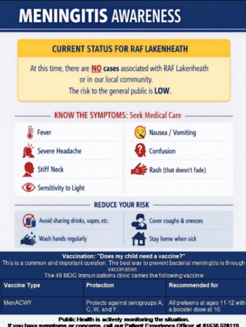 Health Advisory: Information Regarding a Meningitis Outbreak More Than 80 Miles from RAF Lakenheath
This notice is to provide you with information regarding a recent meningitis outbreak. Your health and safety are our top priorities, and we want to ensure you have the facts to make informed decisions for your family