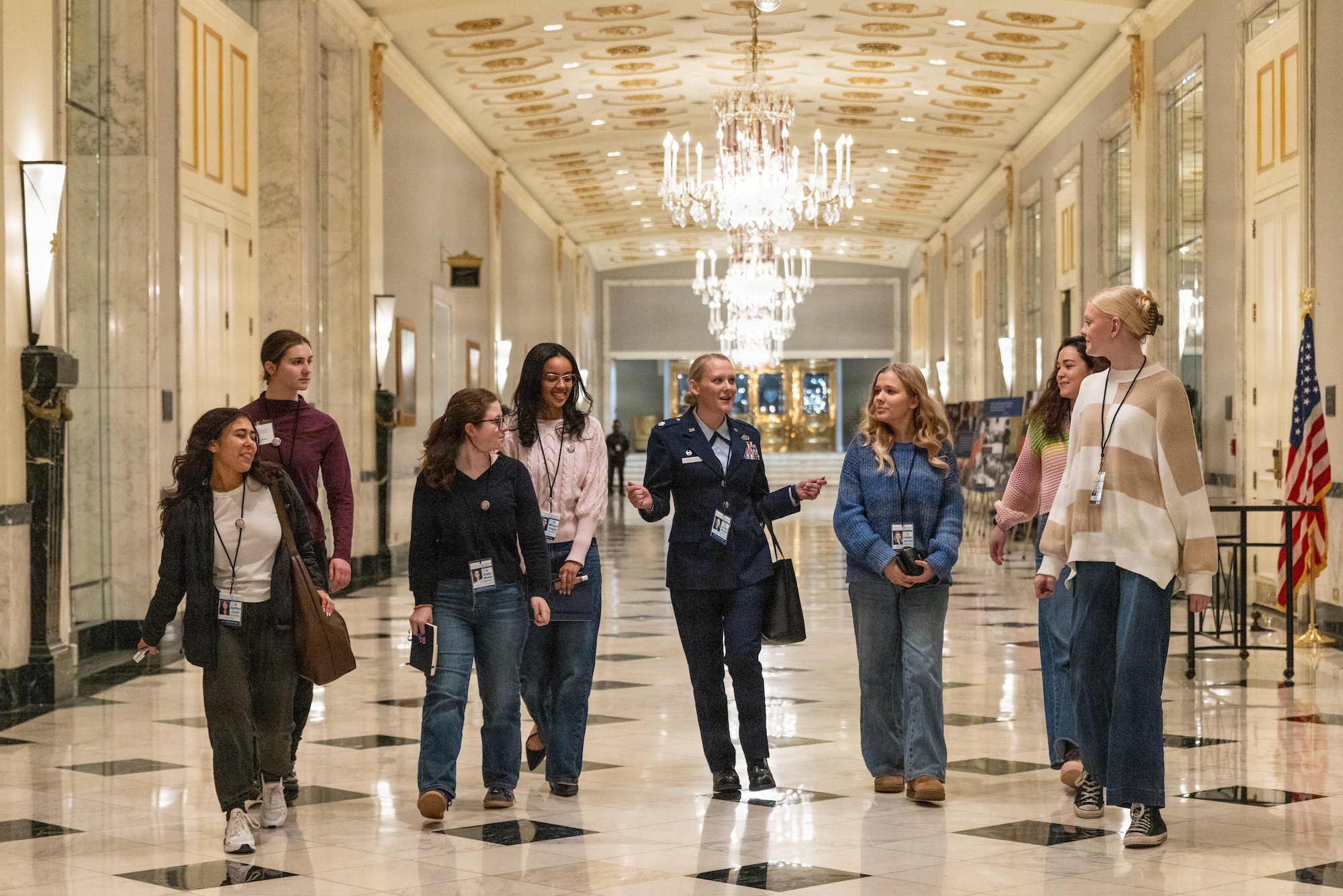 Lt. Col. Brittany Hensley, commander of the 126th intelligence Squadron assigned to the 178th Wing teaches her student delegates as part of the United States Youth Senate Program in Washington D.C., on March 1, 2025. For many of the delegates, this interaction is their first personal connection with a member of the armed forces, a core component of the program's mission. (Photo by Jakub Mosur and Erin Lubin)