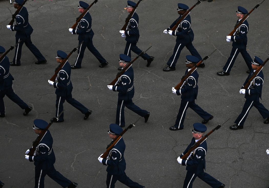 The U.S. Air Force Honor Guard marches during the Savannah St. Patrick’s Day parade in Savannah, Ga., March 17, 2026.