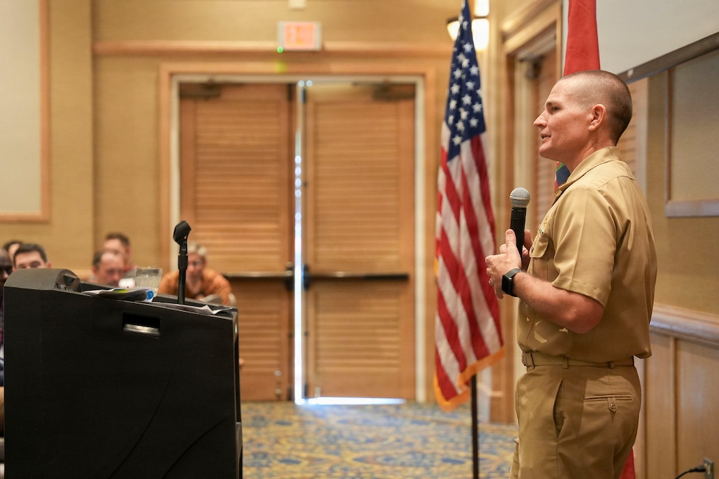 Cmdr. Benjamin Dunn, deputy for environment and remediation, Navy Closure Task Force-Red Hill (NCTF-RH), speaks at a Society of American Military Engineers luncheon in Honolulu, March 11, 2026. Charged with the safe decommissioning of the Red Hill Bulk Fuel Storage Facility (RHBFSF), NCTF-RH was established by the Department of the Navy as a commitment to the community and the environment. NCTF-RH continues to engage with the people of Hawaii, regulatory agencies, and other stakeholders as it safely and deliberately decommissions the facility. (U.S. Navy photo by Mass Communication Specialist 2nd Class Krystal Diaz)