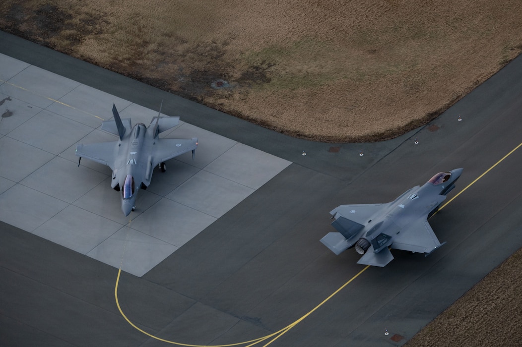 Two Royal Norwegian Air Force F-35A Lightning II aircraft assigned to the 132nd Luftving taxi during Exercise Cold Response 26 at Ørland Air Force Station, Norway, March 16, 2026.