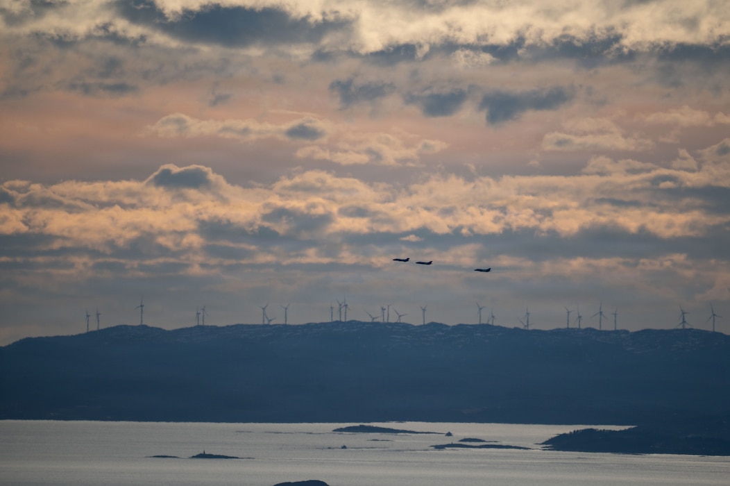 Three Royal Norwegian Air Force F-35A Lightning II aircraft assigned to the 132nd Luftwing conduct low level operations during Exercise Cold Response 26 near Kopparen Mountain, Norway, March 17, 2026.