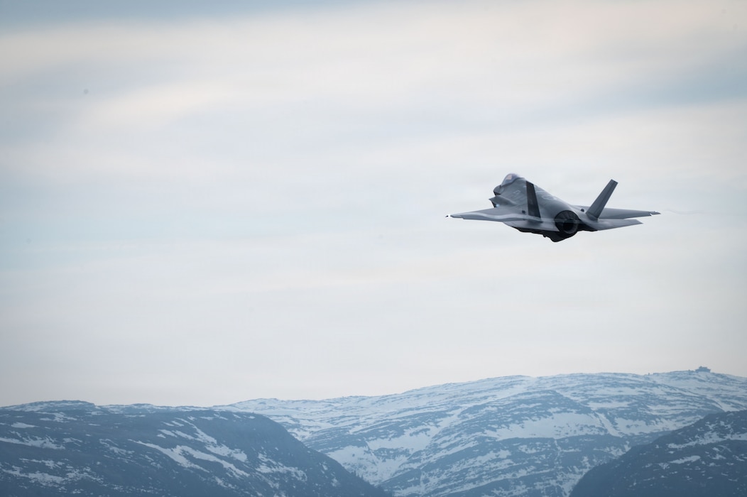 A U.S. Air Force F-35A Lightning II aircraft assigned to the 48th Fighter Wing flies out of Ørland Air Force Station, Norway, during Exercise Cold Response 26, March 9, 2026.