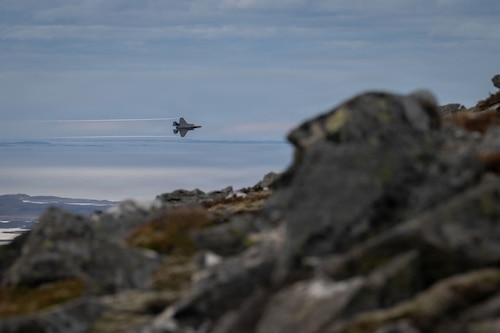 A U.S. Air Force F-35A Lightning II aircraft assigned to the 48th Fighter Wing conducts low level operations during Exercise Cold Response 26 over Kopparen Mountain, Norway, March 17, 2026.