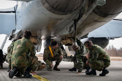 Finnish Air Force, Royal Norwegian Air Force and U.S. Air Force members inspect a Finnish Air Force F/A-18C Hornet aircraft assigned to the Karelia Air Wing during Exercise Cold Response 26 at Ørland Air Force Station, Norway, March 13, 2026.