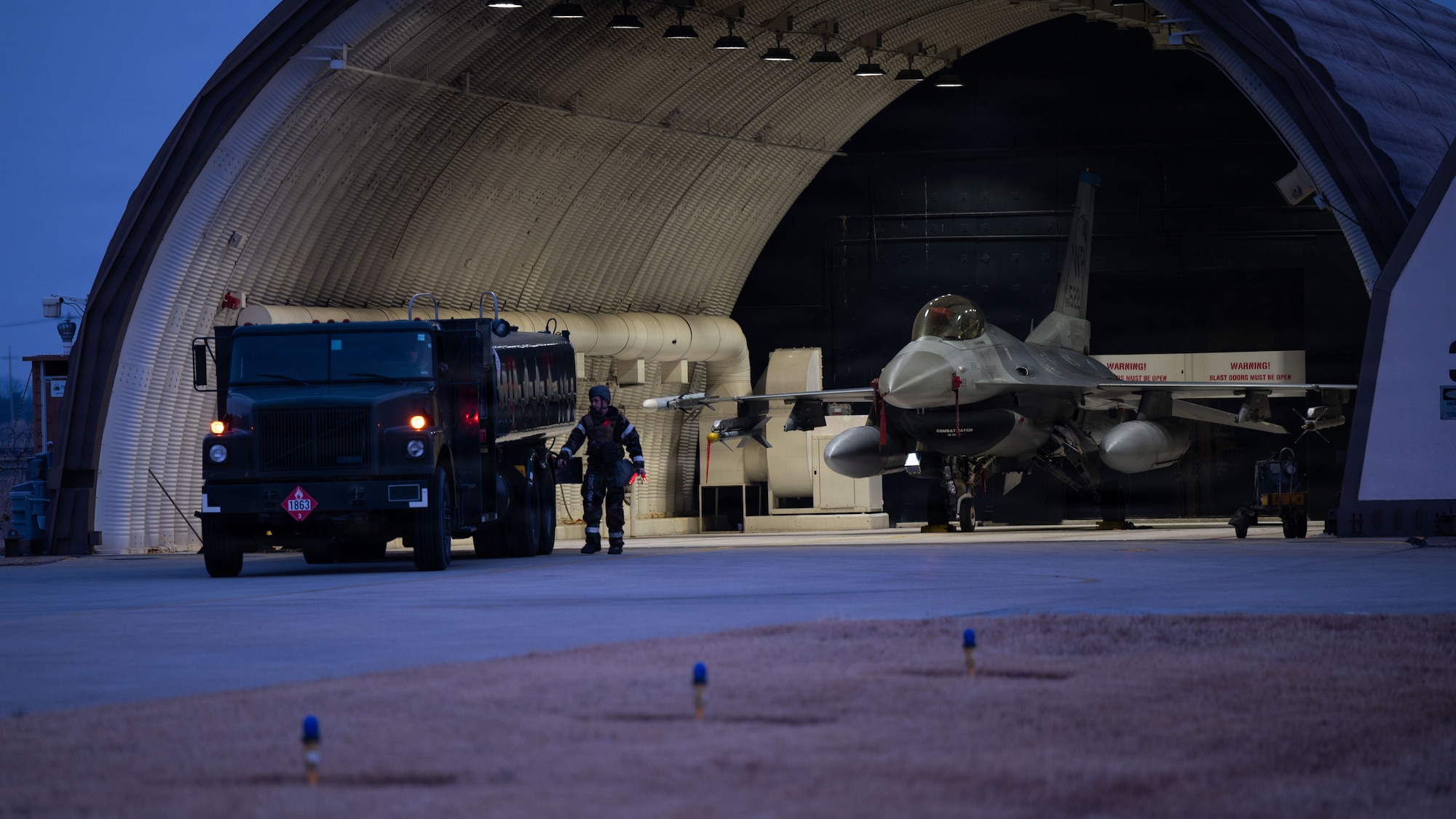 U.S. Air Force Airmen assigned to the 51st Logistics Readiness Squadron reverse park a refueling truck during exercise Freedom Shield 26 at Osan Air Base, Republic of Korea, March 11, 2026. Training scenarios challenged Airmen to sustain flight operations under simulated wartime conditions while maintaining mission readiness. (U.S. Air Force photo by Senior Airman Rome Bowermaster)
